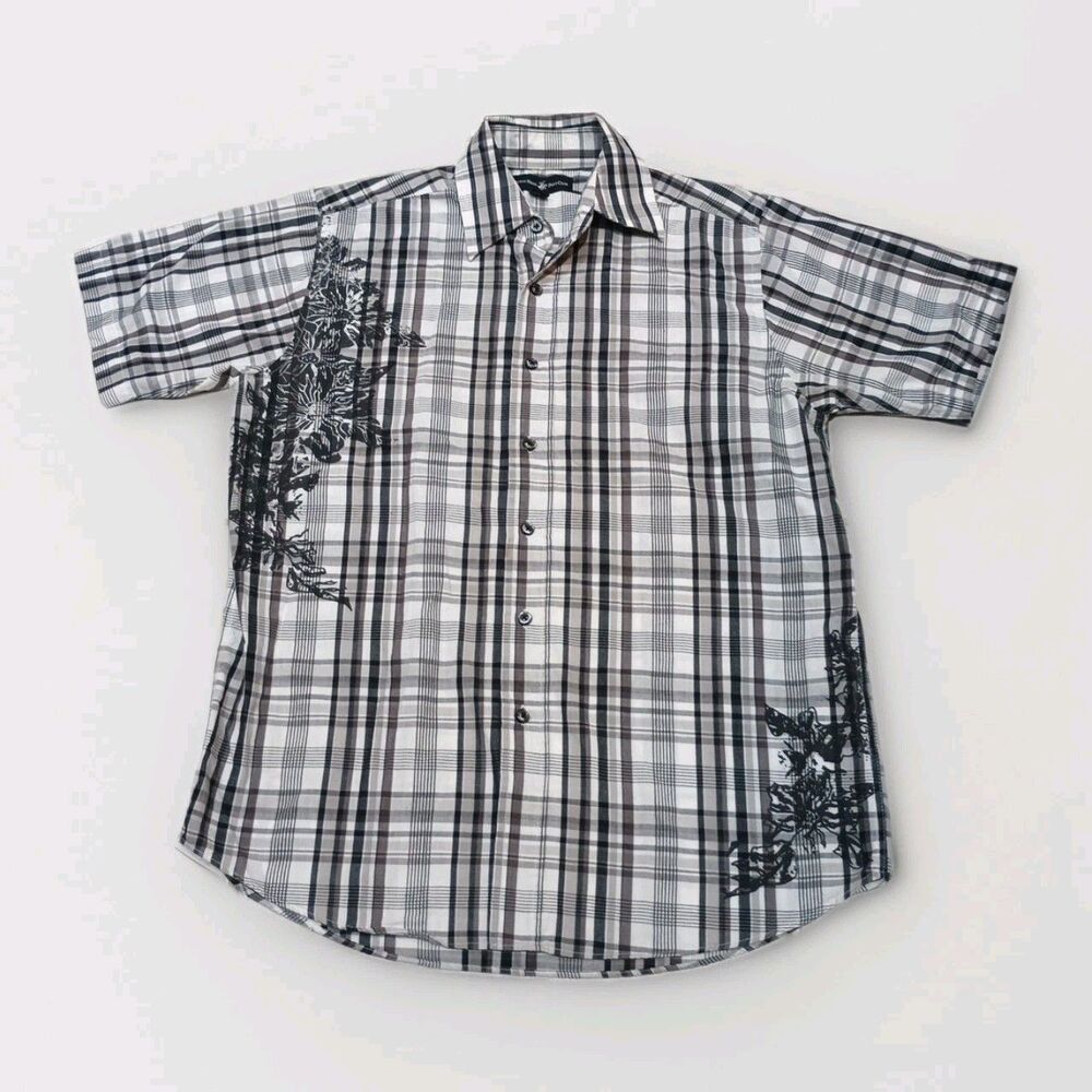 Men's Beverly Hills Polo Club B&W Plaid shirts With Graphic Short Sleeves Small